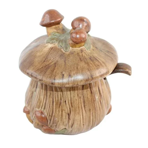 Vintage Hand Painted MCM Ceramic Mushroom Sugar Bowl Lid Matching Spoon Set - Picture 1 of 10